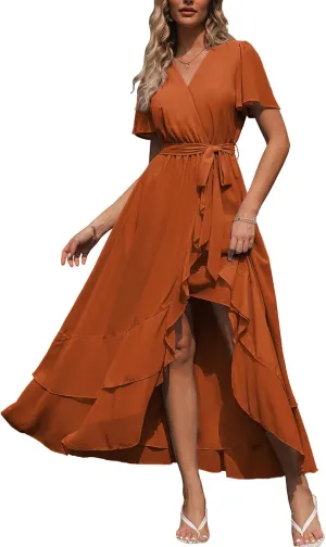 Simplee Womens Solid Chiffon Wrap Formal Maxi Ruffle Split Dress Flowy Bridesmaid Wedding Party Evening Dress with Belt