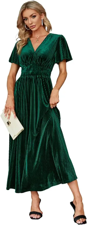 Simplee Womens V Neck Velvet Maxi Dress Short Sleeve Empire Waist Long Formal Dress for Wedding Guest