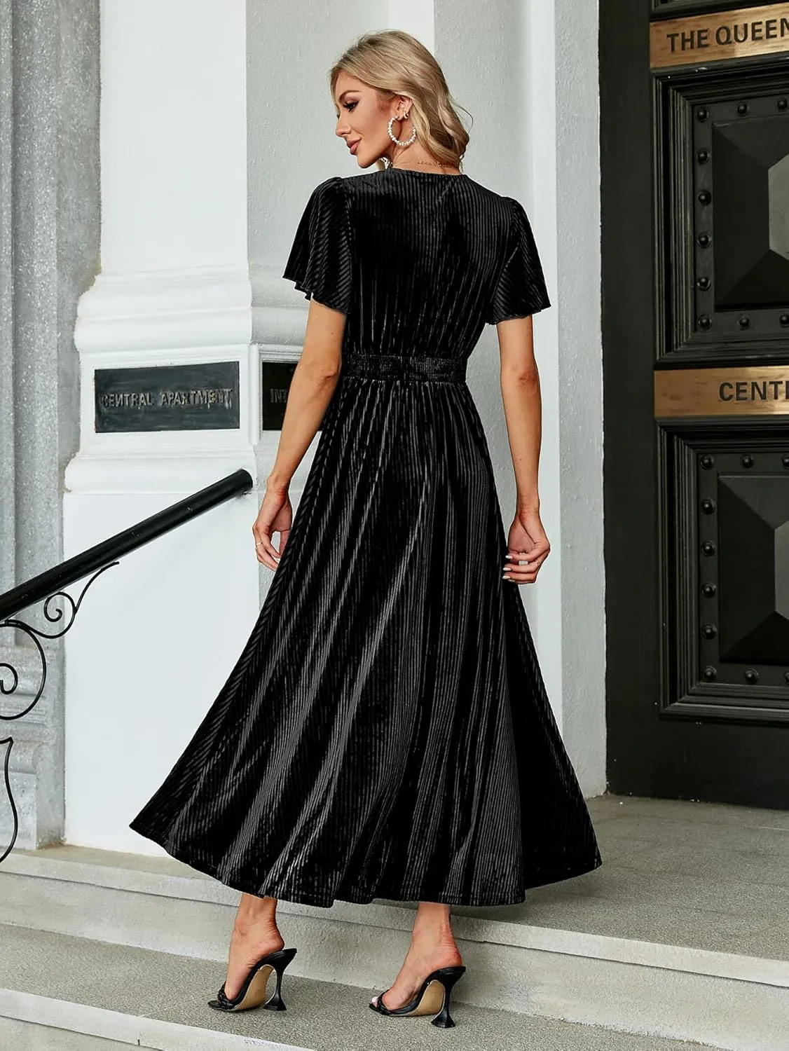 Simplee Womens V Neck Velvet Maxi Dress Short Sleeve Empire Waist Long Formal Dress for Wedding Guest