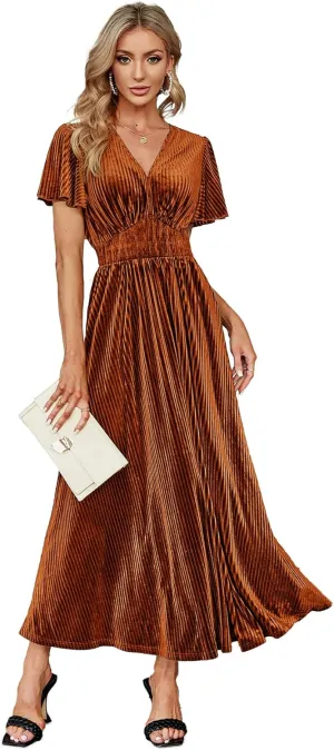 Simplee Womens V Neck Velvet Maxi Dress Short Sleeve Empire Waist Long Formal Dress for Wedding Guest