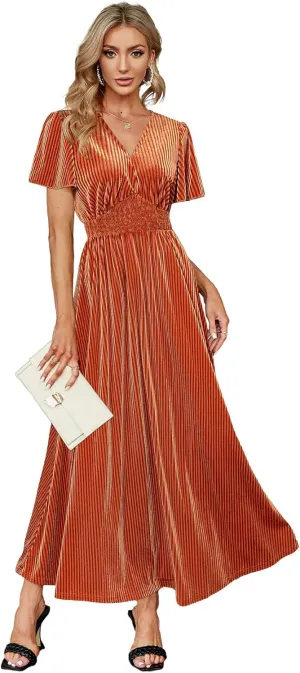 Simplee Womens V Neck Velvet Maxi Dress Short Sleeve Empire Waist Long Formal Dress for Wedding Guest