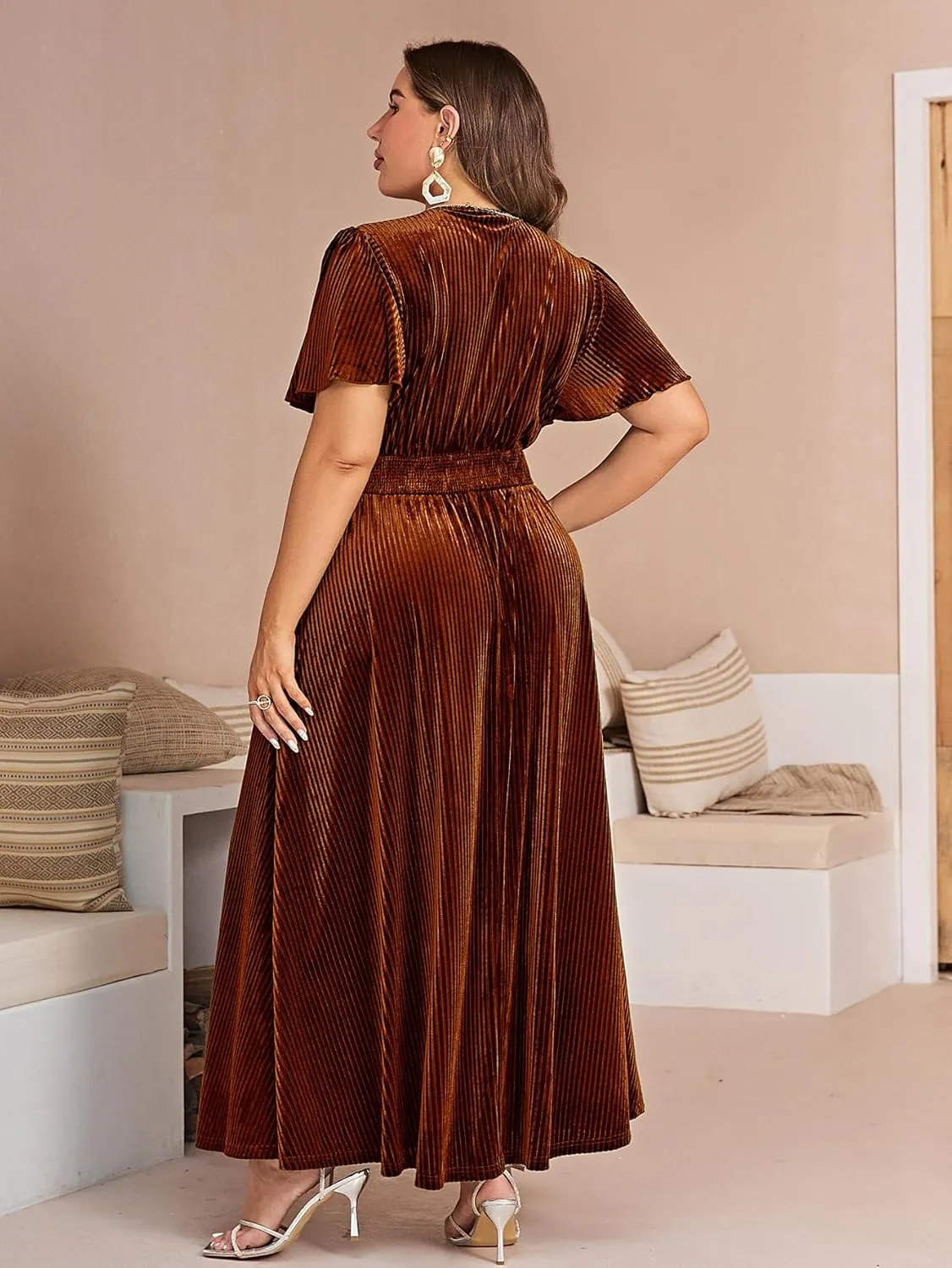 Simplee Womens V Neck Velvet Maxi Dress Short Sleeve Empire Waist Long Formal Dress for Wedding Guest