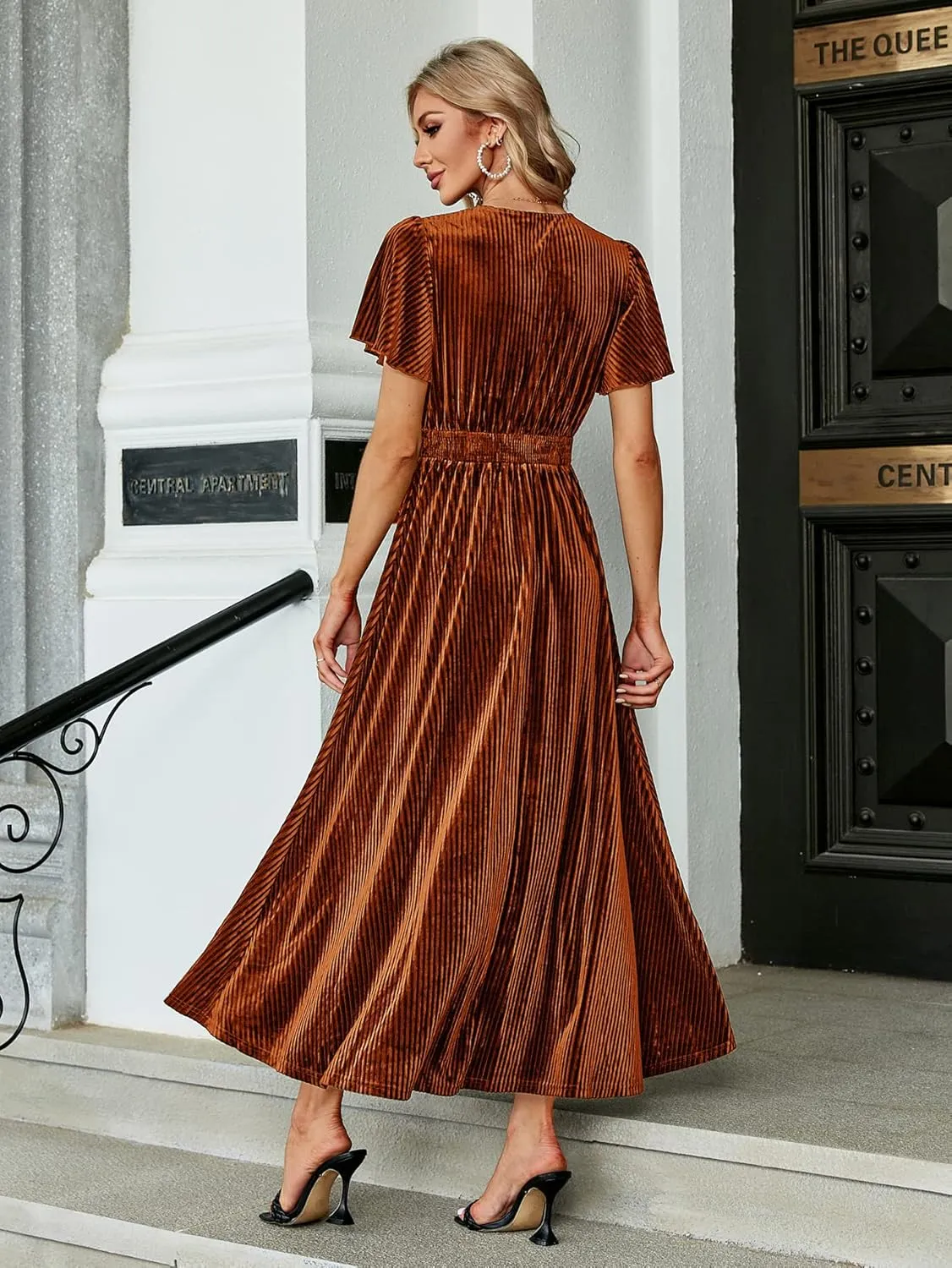 Simplee Womens V Neck Velvet Maxi Dress Short Sleeve Empire Waist Long Formal Dress for Wedding Guest