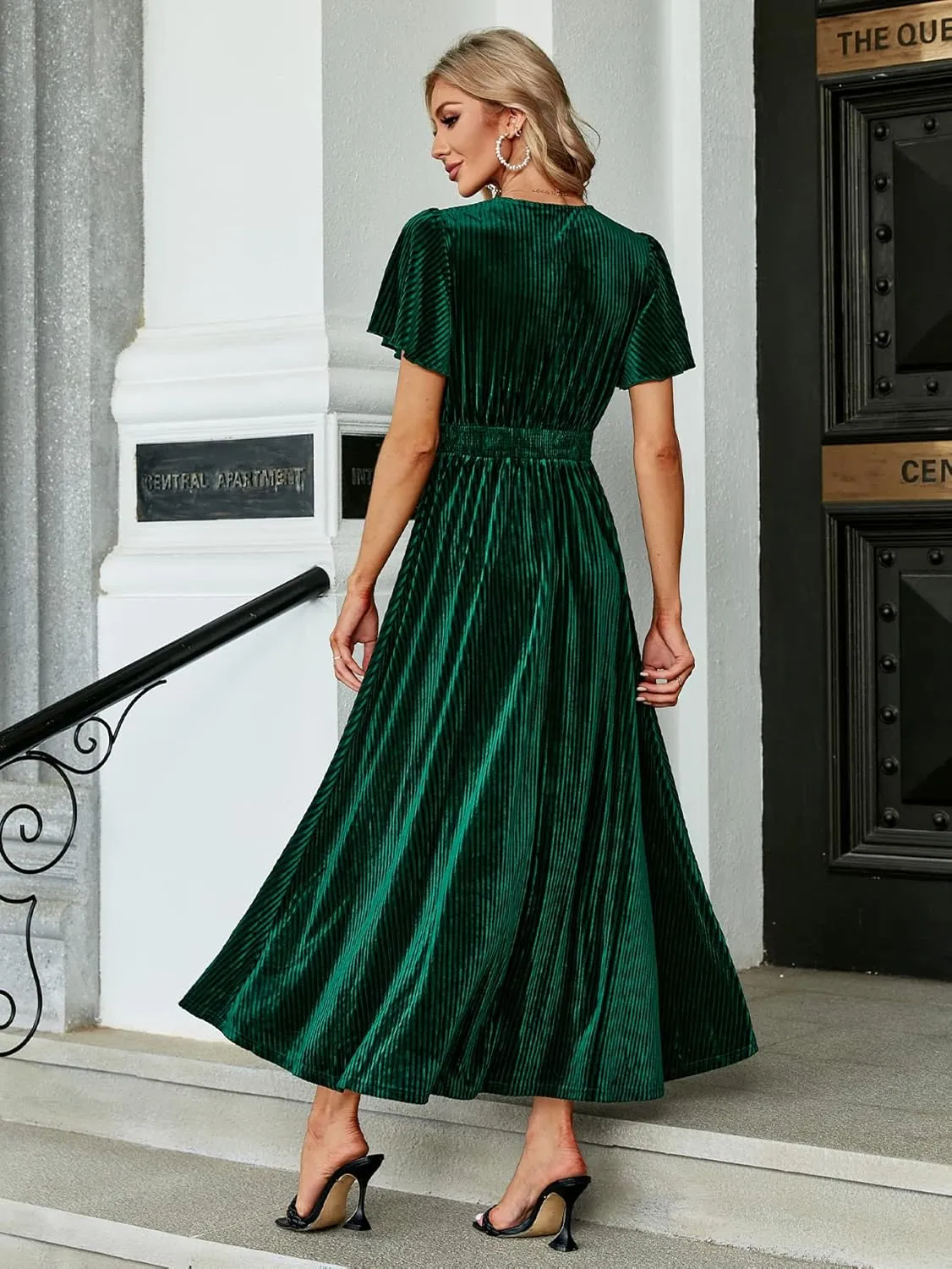 Simplee Womens V Neck Velvet Maxi Dress Short Sleeve Empire Waist Long Formal Dress for Wedding Guest