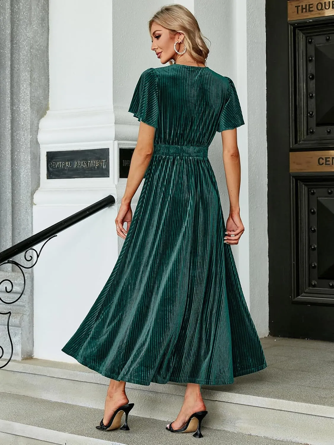 Simplee Womens V Neck Velvet Maxi Dress Short Sleeve Empire Waist Long Formal Dress for Wedding Guest