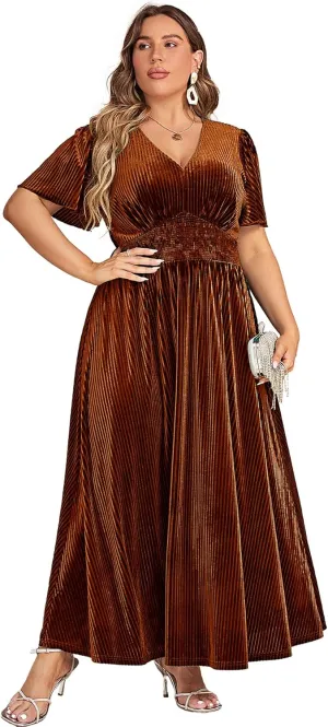 Simplee Womens V Neck Velvet Maxi Dress Short Sleeve Empire Waist Long Formal Dress for Wedding Guest