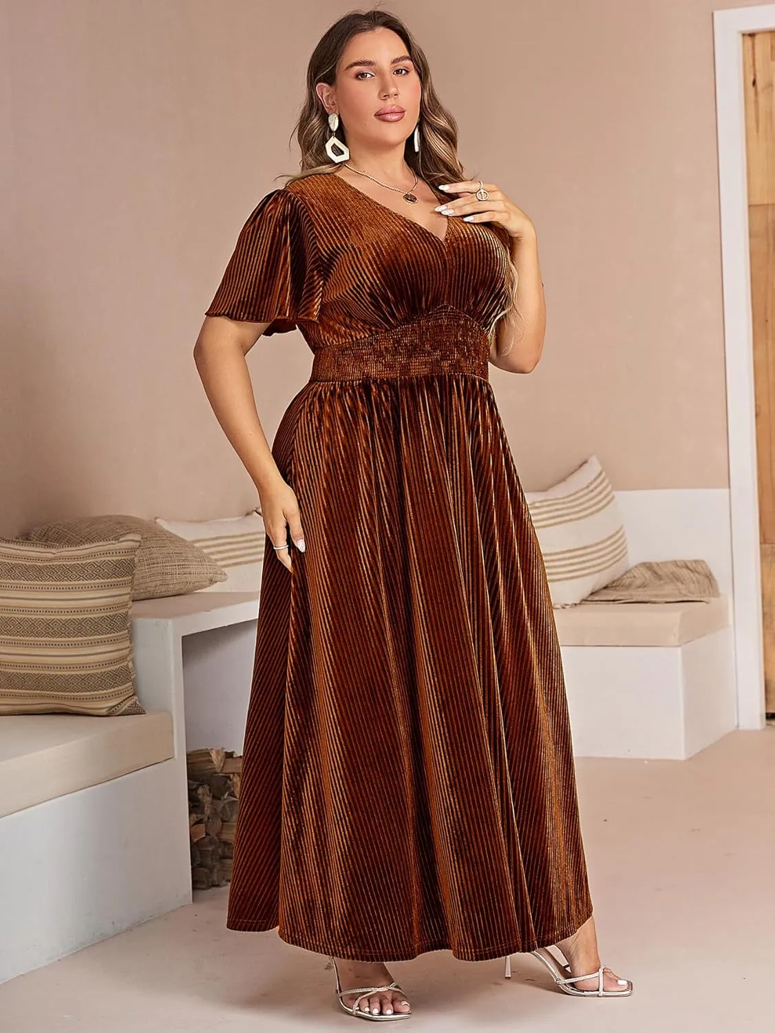 Simplee Womens V Neck Velvet Maxi Dress Short Sleeve Empire Waist Long Formal Dress for Wedding Guest