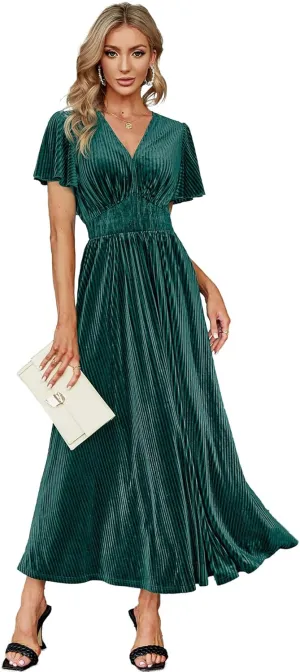 Simplee Womens V Neck Velvet Maxi Dress Short Sleeve Empire Waist Long Formal Dress for Wedding Guest