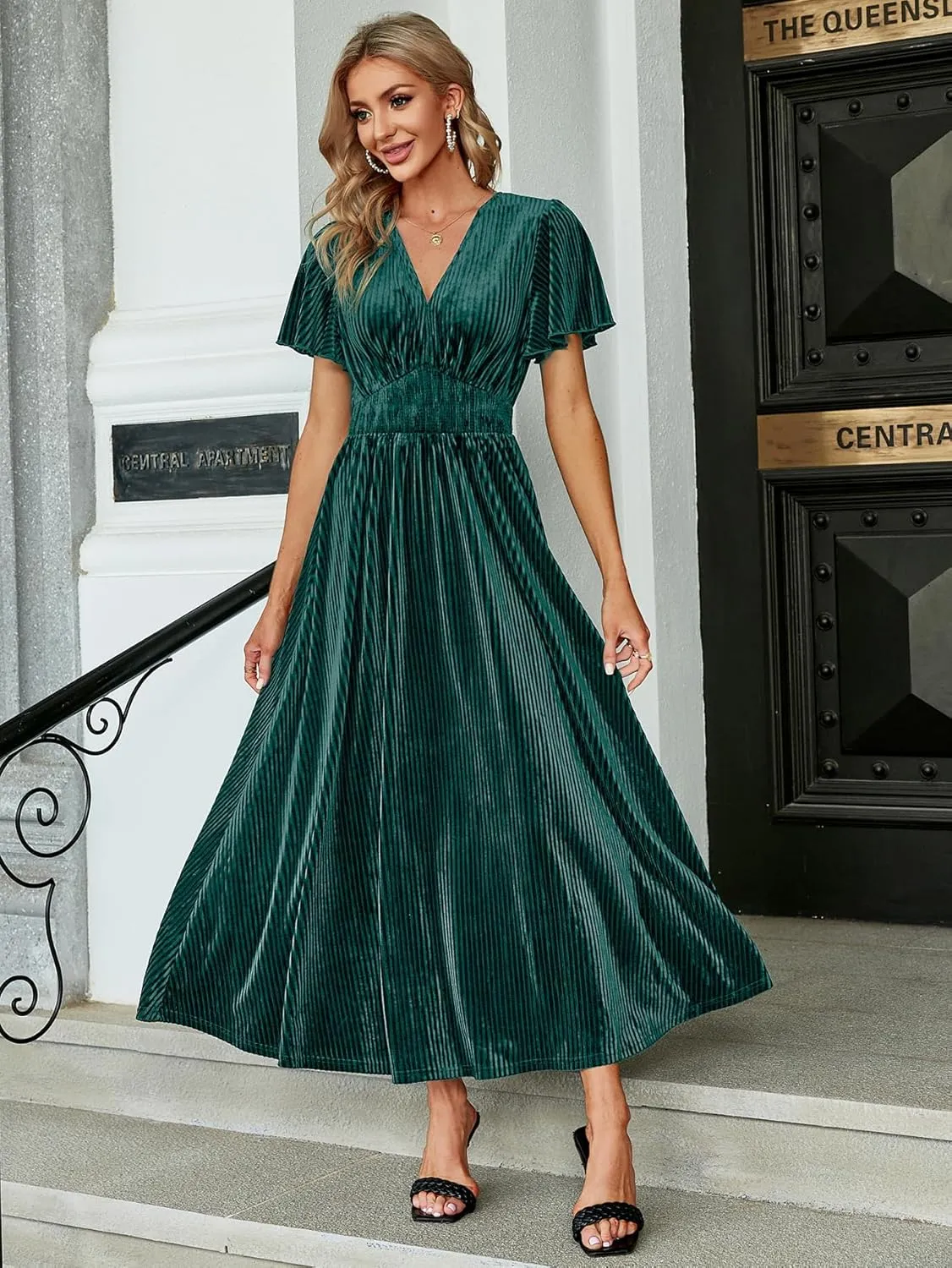 Simplee Womens V Neck Velvet Maxi Dress Short Sleeve Empire Waist Long Formal Dress for Wedding Guest