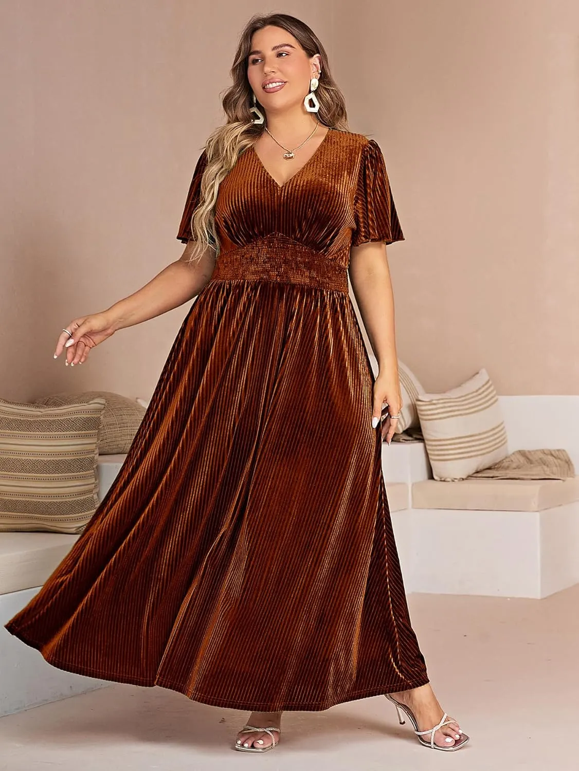 Simplee Womens V Neck Velvet Maxi Dress Short Sleeve Empire Waist Long Formal Dress for Wedding Guest