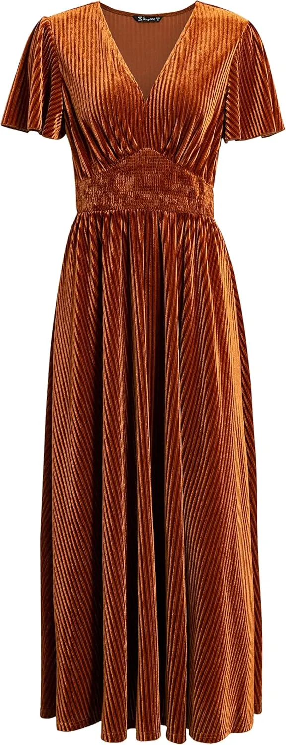 Simplee Womens V Neck Velvet Maxi Dress Short Sleeve Empire Waist Long Formal Dress for Wedding Guest
