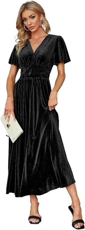 Simplee Womens V Neck Velvet Maxi Dress Short Sleeve Empire Waist Long Formal Dress for Wedding Guest