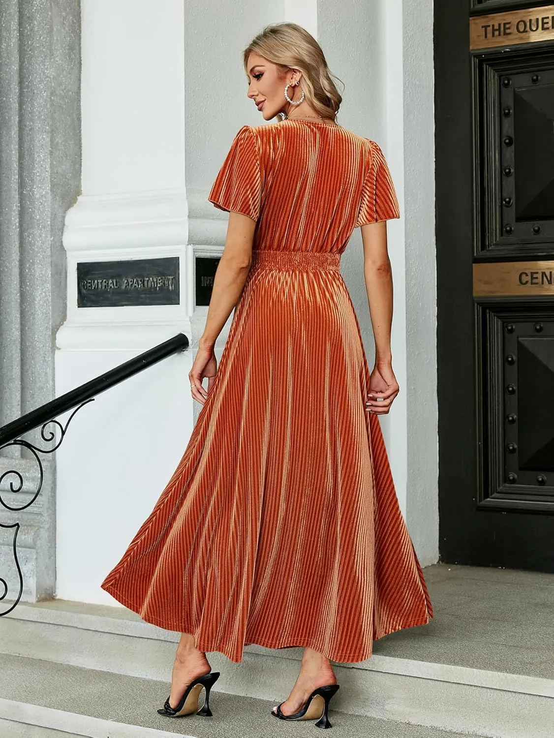 Simplee Womens V Neck Velvet Maxi Dress Short Sleeve Empire Waist Long Formal Dress for Wedding Guest