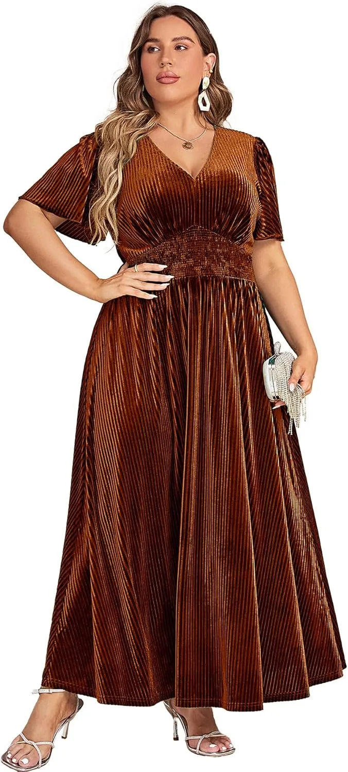 Simplee Womens V Neck Velvet Maxi Dress Short Sleeve Empire Waist Long Formal Dress for Wedding Guest