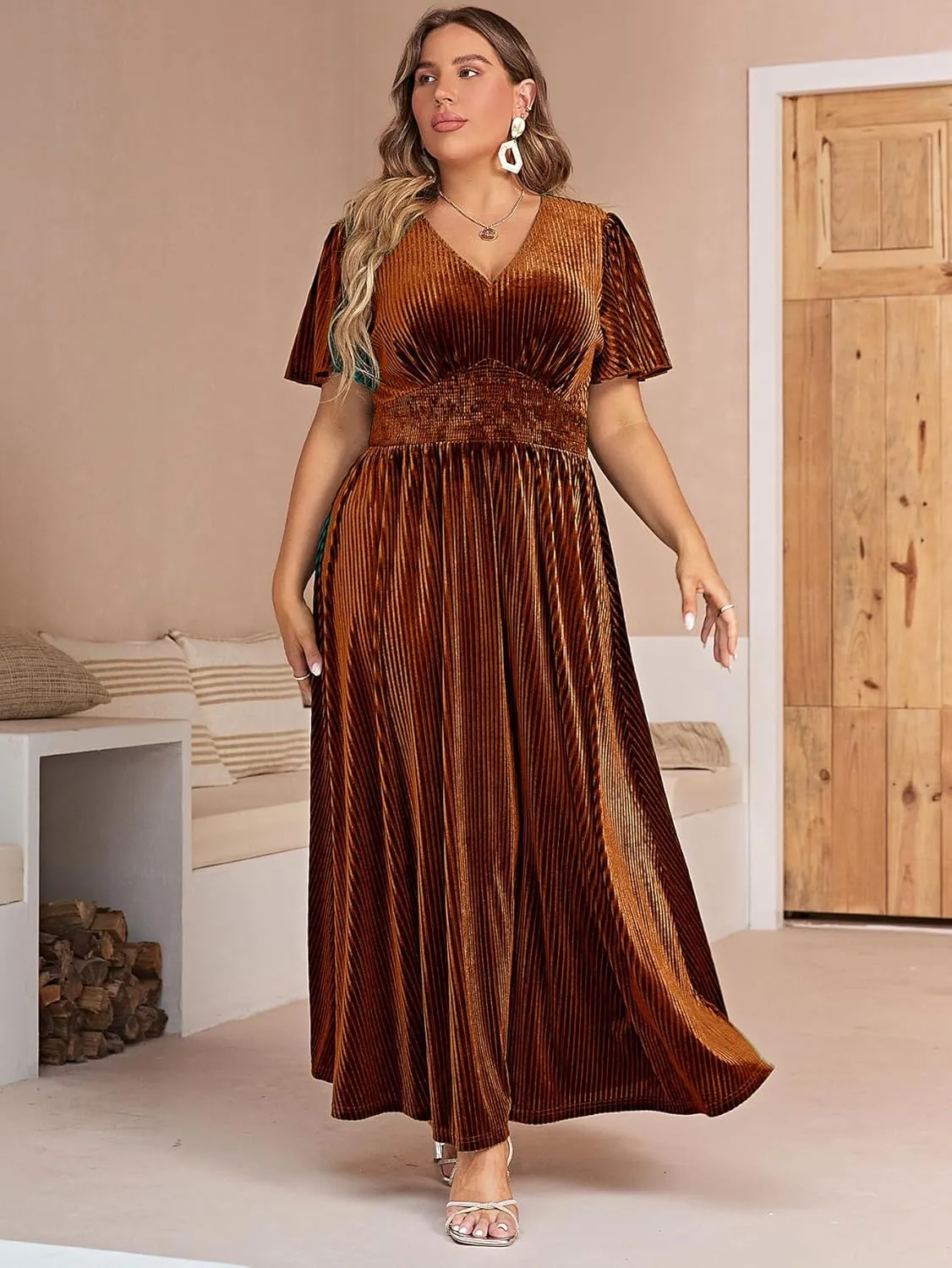 Simplee Womens V Neck Velvet Maxi Dress Short Sleeve Empire Waist Long Formal Dress for Wedding Guest