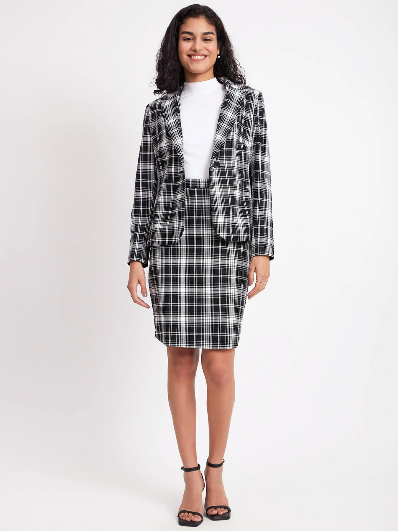 Single Breasted Check Blazer - Black And White