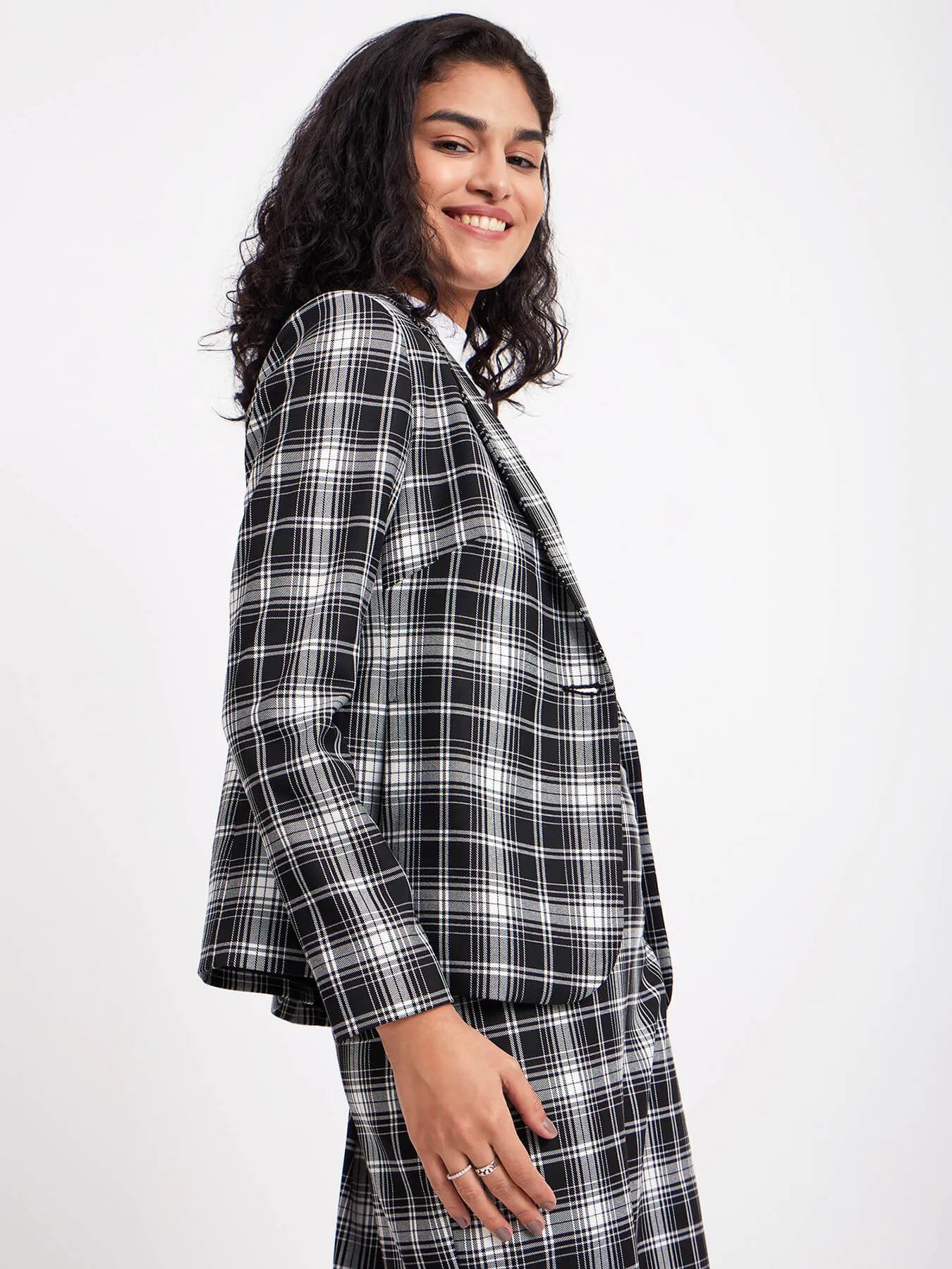 Single Breasted Check Blazer - Black And White