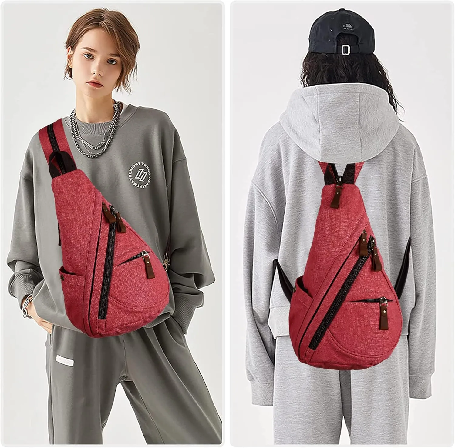 Sling Bag for Women Men Crossbody Backpack Canvas Convertible Chest Bags Outdoor Travel Hiking Cycling Shoulder Daypack,Red