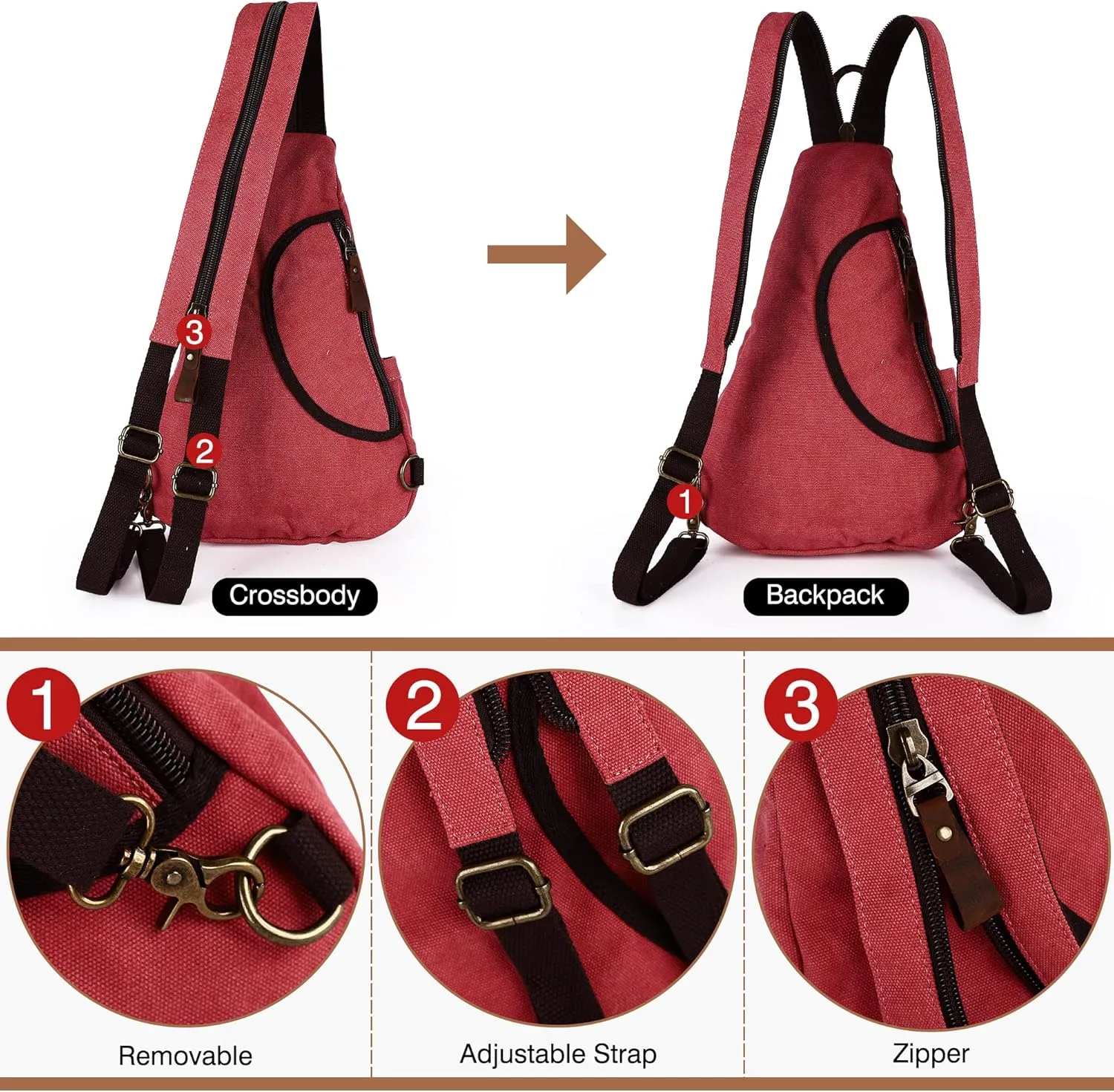Sling Bag for Women Men Crossbody Backpack Canvas Convertible Chest Bags Outdoor Travel Hiking Cycling Shoulder Daypack,Red