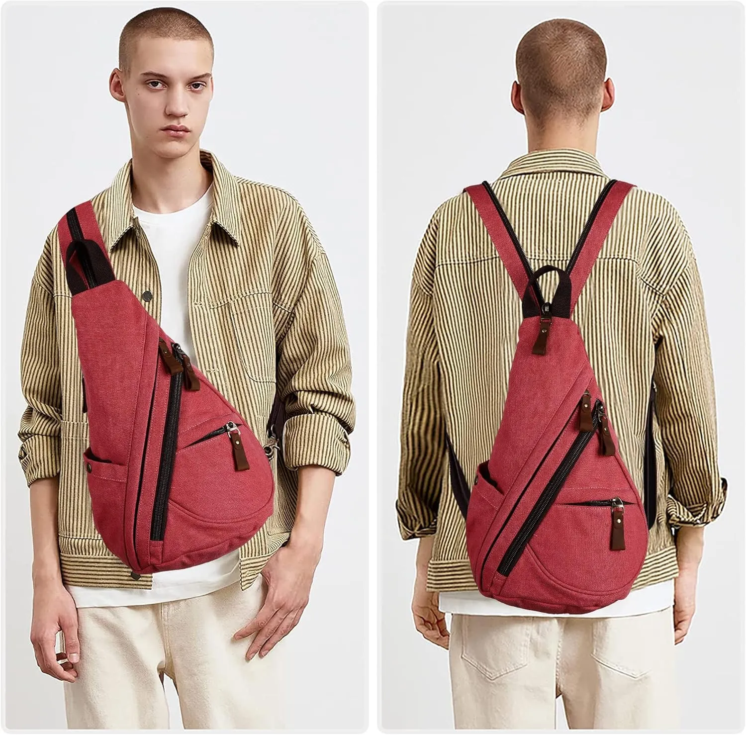 Sling Bag for Women Men Crossbody Backpack Canvas Convertible Chest Bags Outdoor Travel Hiking Cycling Shoulder Daypack,Red