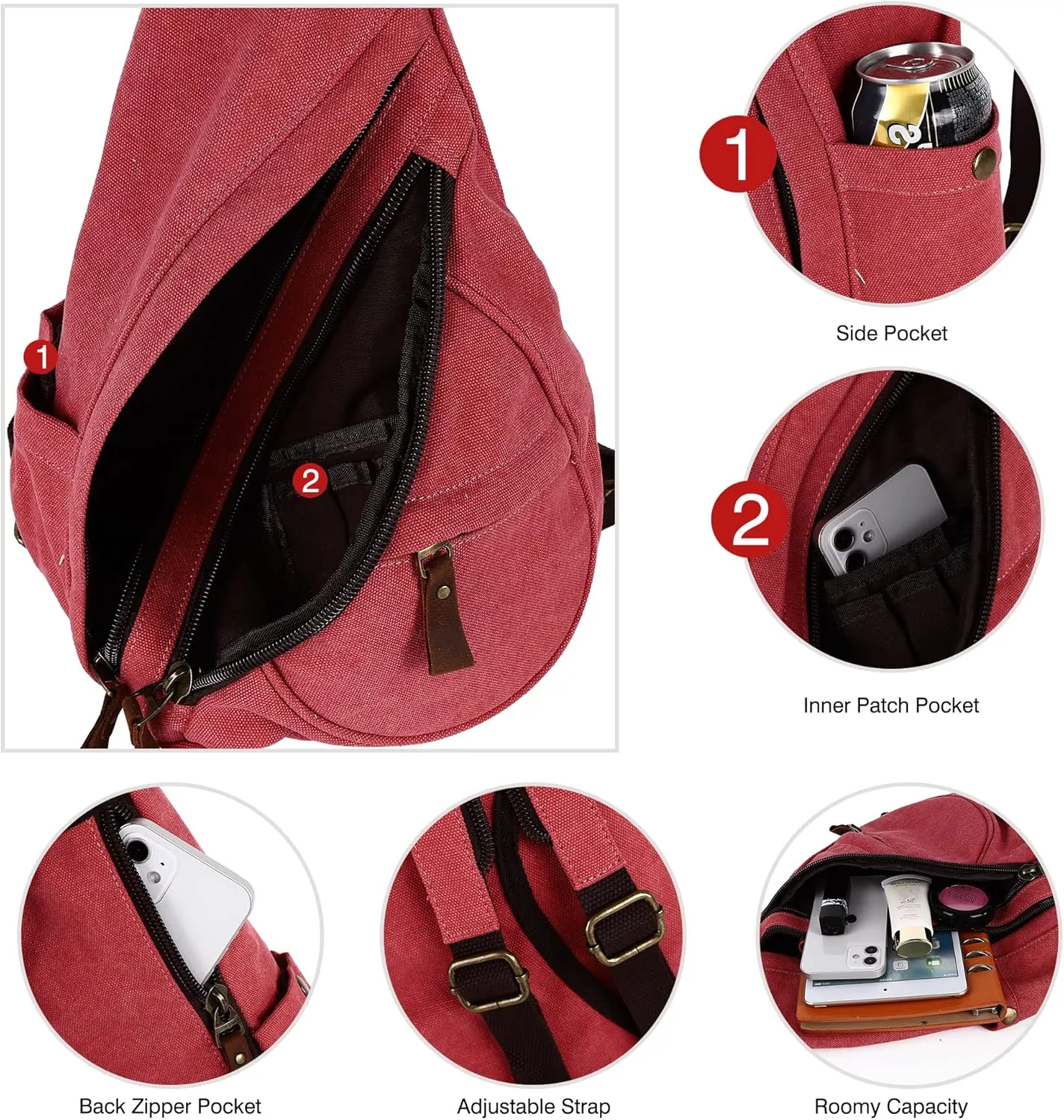 Sling Bag for Women Men Crossbody Backpack Canvas Convertible Chest Bags Outdoor Travel Hiking Cycling Shoulder Daypack,Red