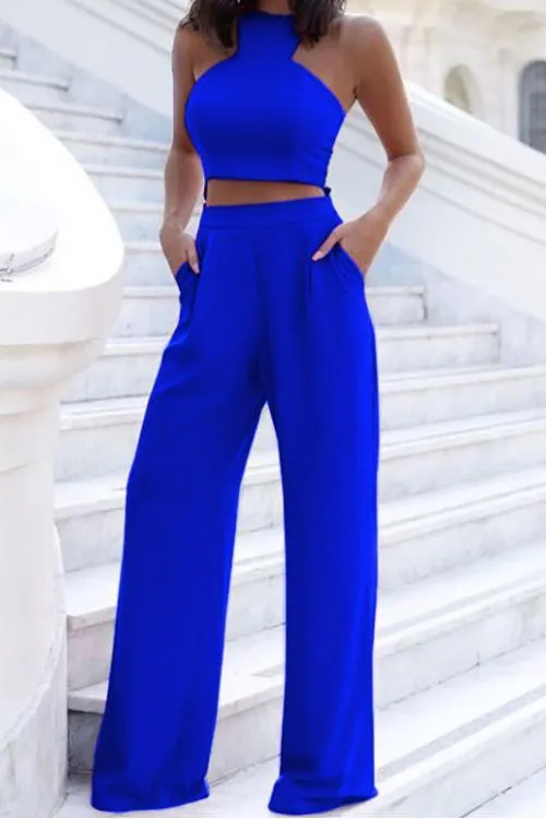 Solid Crop Wide Leg Pants Set