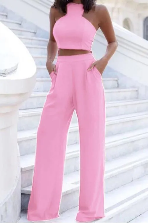 Solid Crop Wide Leg Pants Set