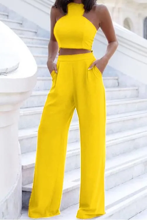 Solid Crop Wide Leg Pants Set
