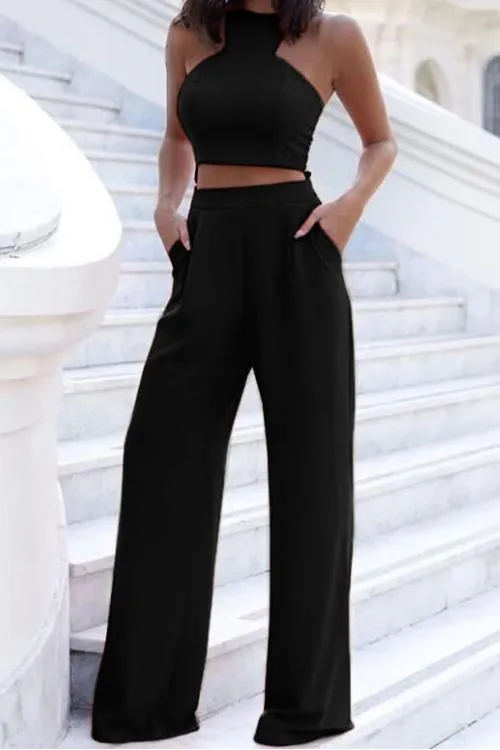 Solid Crop Wide Leg Pants Set