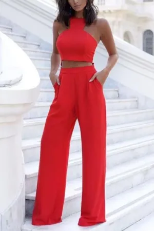 Solid Crop Wide Leg Pants Set