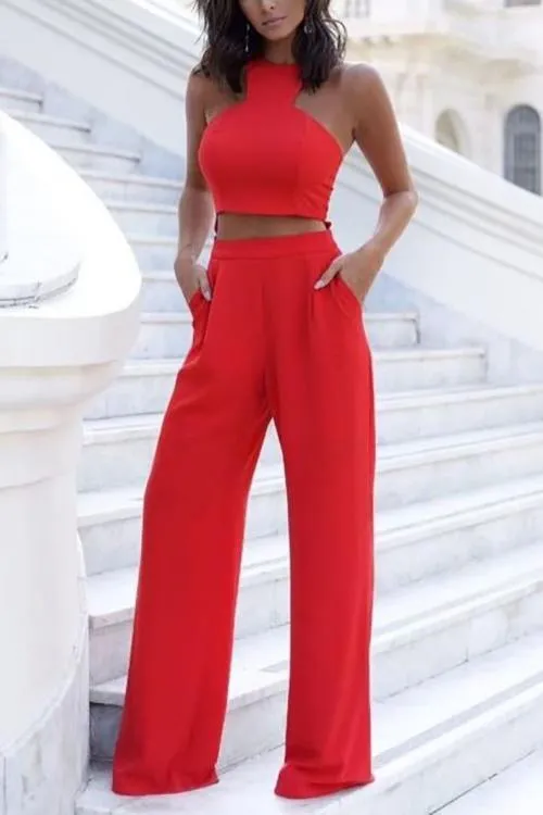 Solid Crop Wide Leg Pants Set