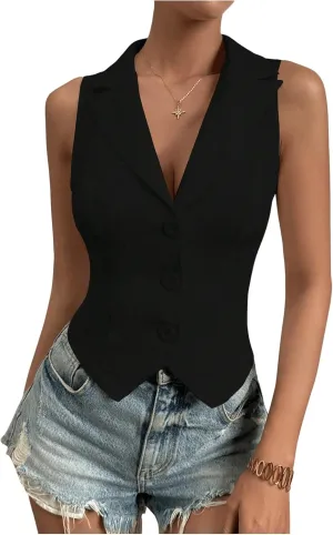 SOLY HUX Women's Button V Neck Suit Vest Casual Sleeveless Regular Fitted Lapel Waistcoat Vest