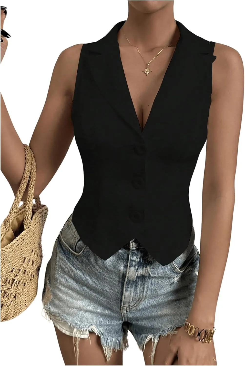 SOLY HUX Women's Button V Neck Suit Vest Casual Sleeveless Regular Fitted Lapel Waistcoat Vest