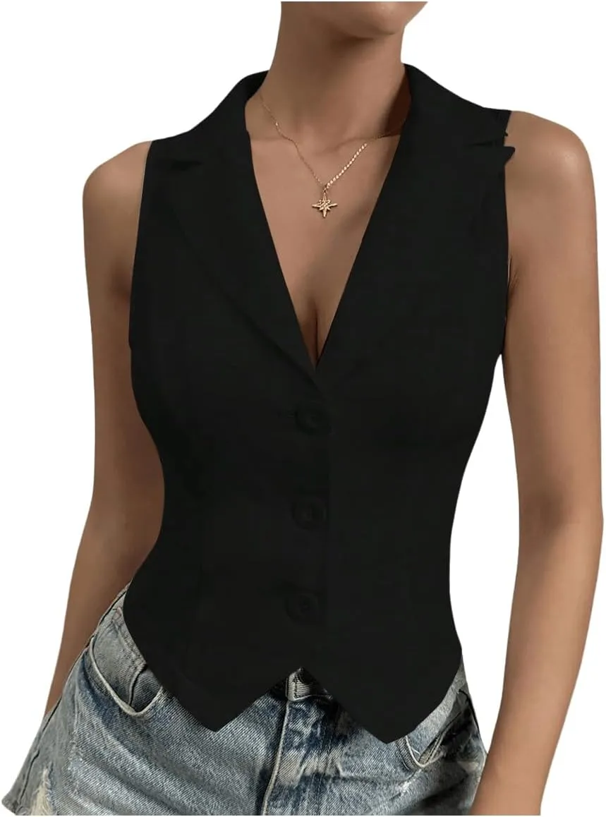 SOLY HUX Women's Button V Neck Suit Vest Casual Sleeveless Regular Fitted Lapel Waistcoat Vest