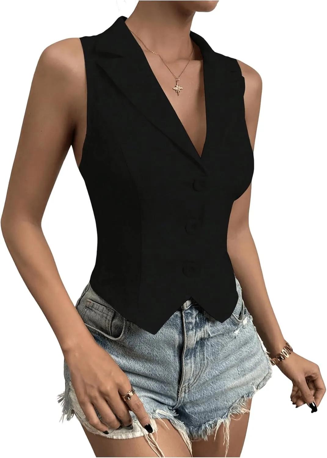 SOLY HUX Women's Button V Neck Suit Vest Casual Sleeveless Regular Fitted Lapel Waistcoat Vest