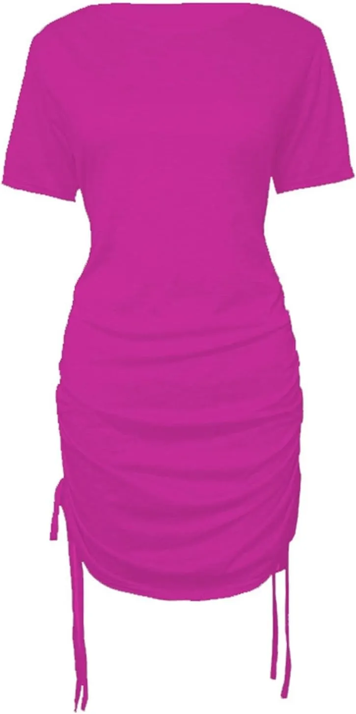 Summer Dresses for Women 2024 Side Drawstring Ruched Bodycon Mini Dress Short Sleeve Knit Crewneck Beach Sundress