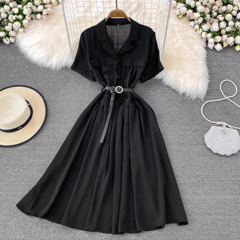 Summer Retro Chic Mid Length Suit Collar A-line Short Sleeves Dress 1451