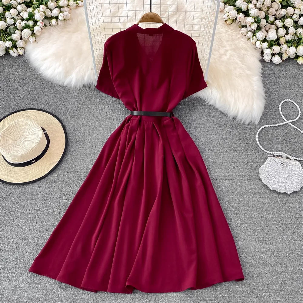Summer Retro Chic Mid Length Suit Collar A-line Short Sleeves Dress 1451