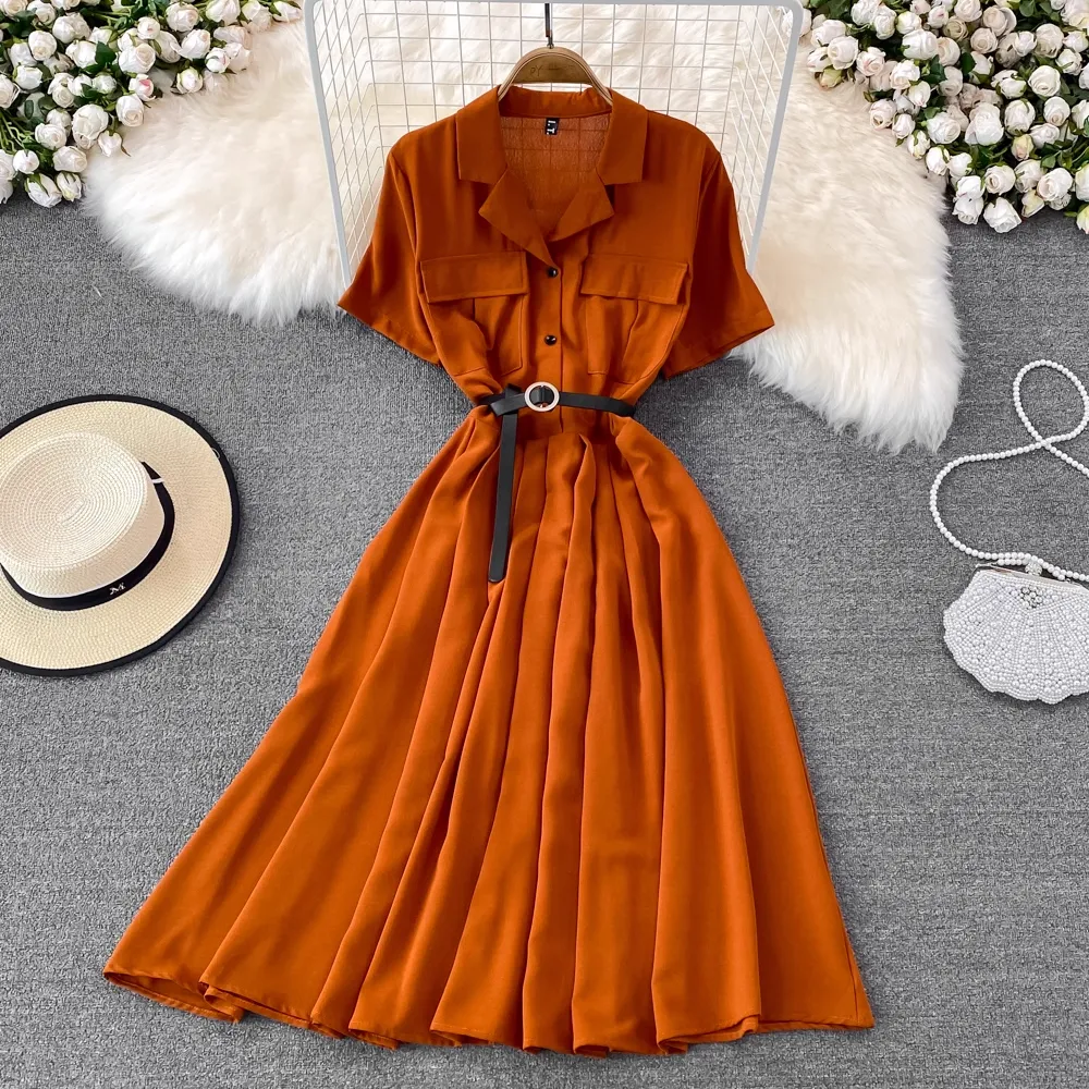 Summer Retro Chic Mid Length Suit Collar A-line Short Sleeves Dress 1451