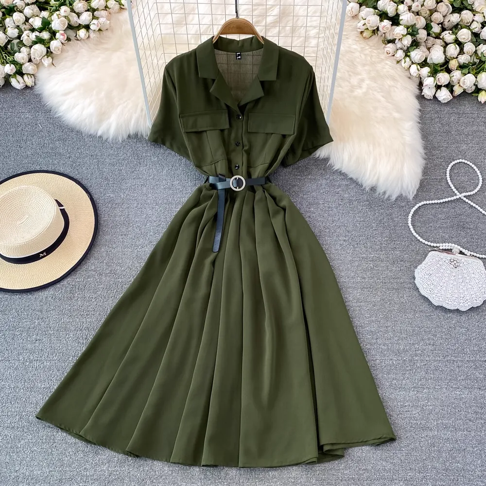 Summer Retro Chic Mid Length Suit Collar A-line Short Sleeves Dress 1451