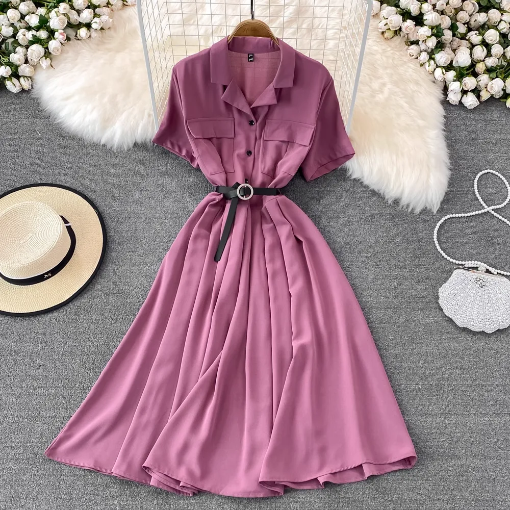 Summer Retro Chic Mid Length Suit Collar A-line Short Sleeves Dress 1451