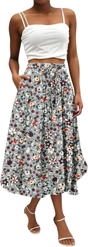 Summer Skirt for Women 2025 Elastic Waist Drawstring Floral Pattern A-Line Skirts with Pockets Elegant Skirt