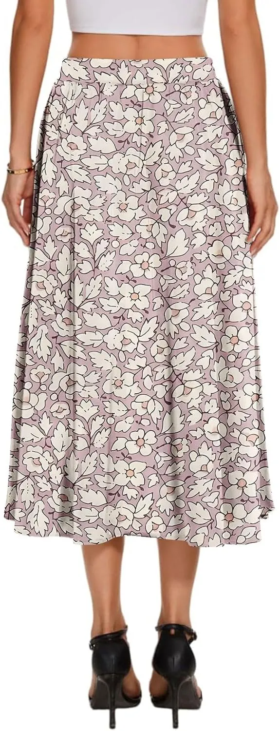 Summer Skirt for Women 2025 Elastic Waist Drawstring Floral Pattern A-Line Skirts with Pockets Elegant Skirt