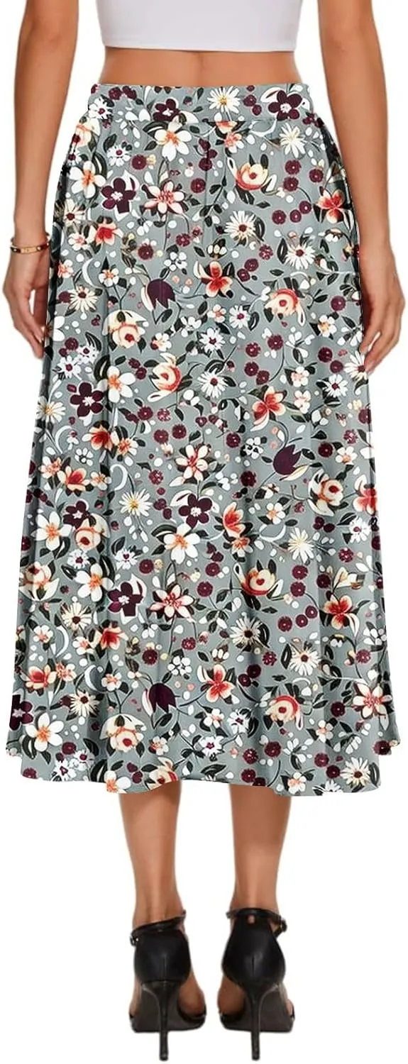 Summer Skirt for Women 2025 Elastic Waist Drawstring Floral Pattern A-Line Skirts with Pockets Elegant Skirt
