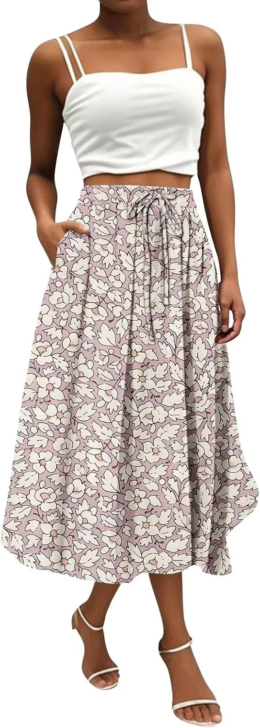 Summer Skirt for Women 2025 Elastic Waist Drawstring Floral Pattern A-Line Skirts with Pockets Elegant Skirt