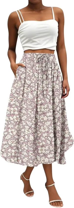 Summer Skirt for Women 2025 Elastic Waist Drawstring Floral Pattern A-Line Skirts with Pockets Elegant Skirt