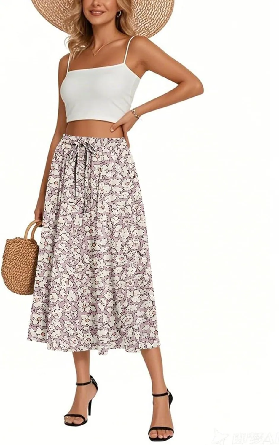 Summer Skirt for Women 2025 Elastic Waist Drawstring Floral Pattern A-Line Skirts with Pockets Elegant Skirt