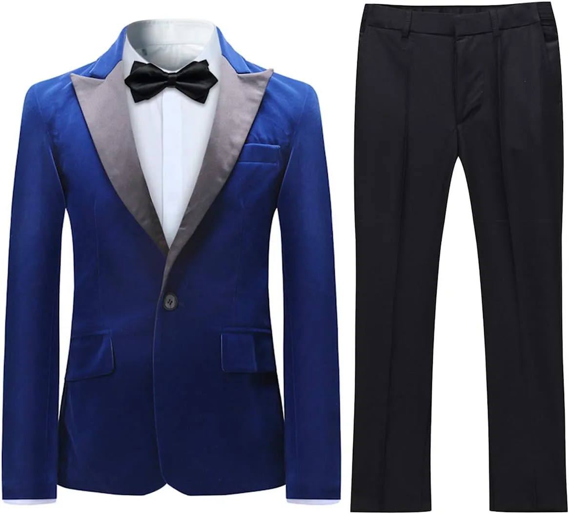 SWOTGdoby Boys Velvet Suit Green Blue Red Colors Formal Peak Lapel 2 Pieces Suit Set Blazer Pants