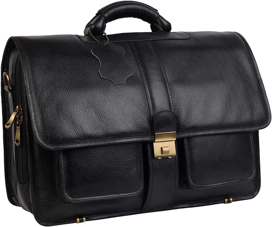 The Lorenzo 24 Liter's Capacity Leather Laptop Briefcase Office Bags for Men L-45.7 x H-35.6 x W-15.2 cm, BLACK, L-45.7 x H-35.6 x W-15.2 CM