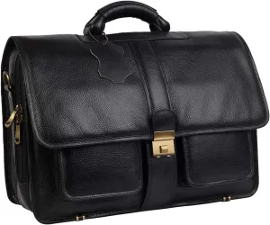 The Lorenzo 24 Liter's Capacity Leather Laptop Briefcase Office Bags for Men L-45.7 x H-35.6 x W-15.2 cm, BLACK, L-45.7 x H-35.6 x W-15.2 CM
